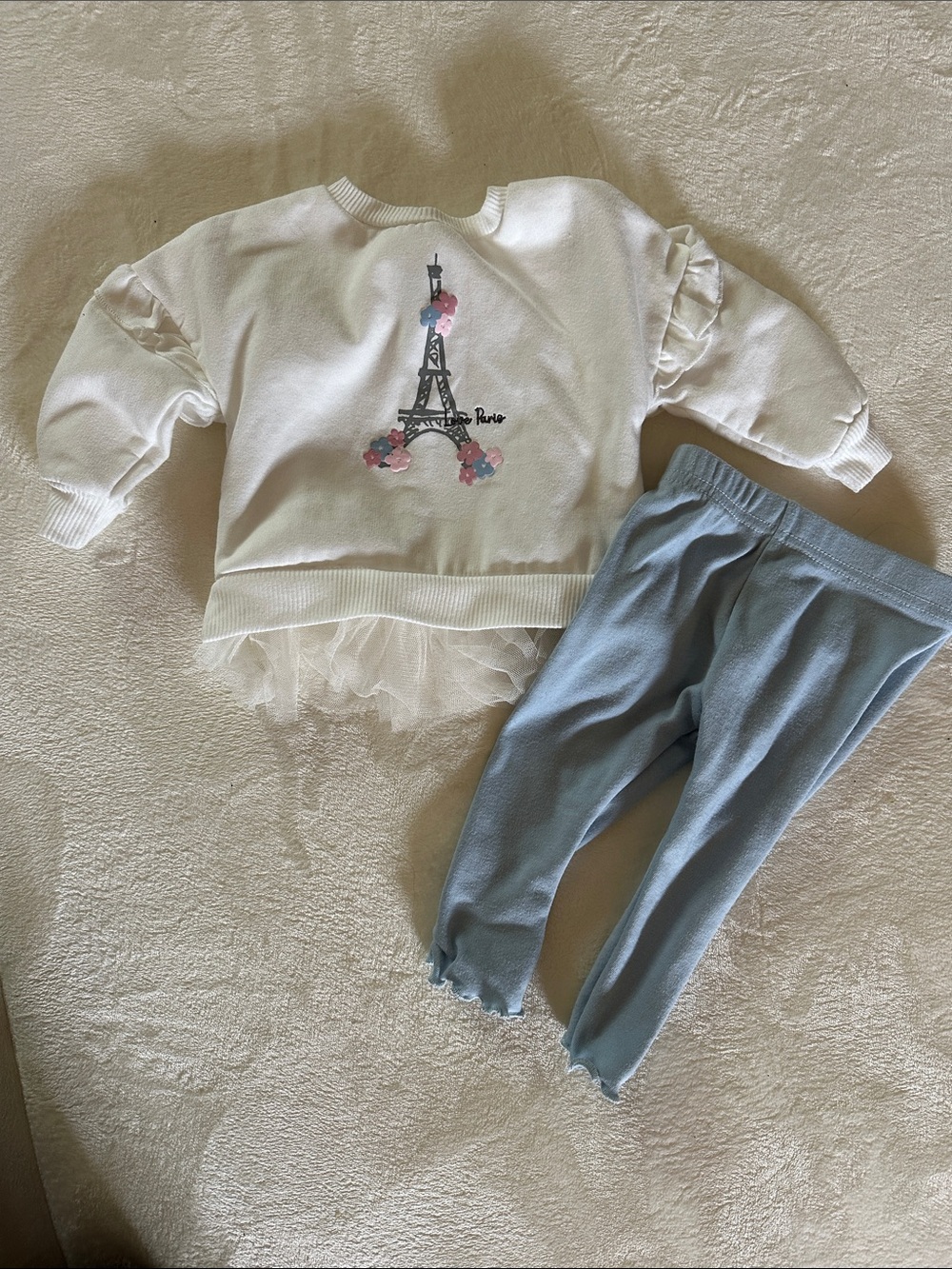 9-12M White Eiffel Tower Sweatshirt & Light Blue Leggings Set